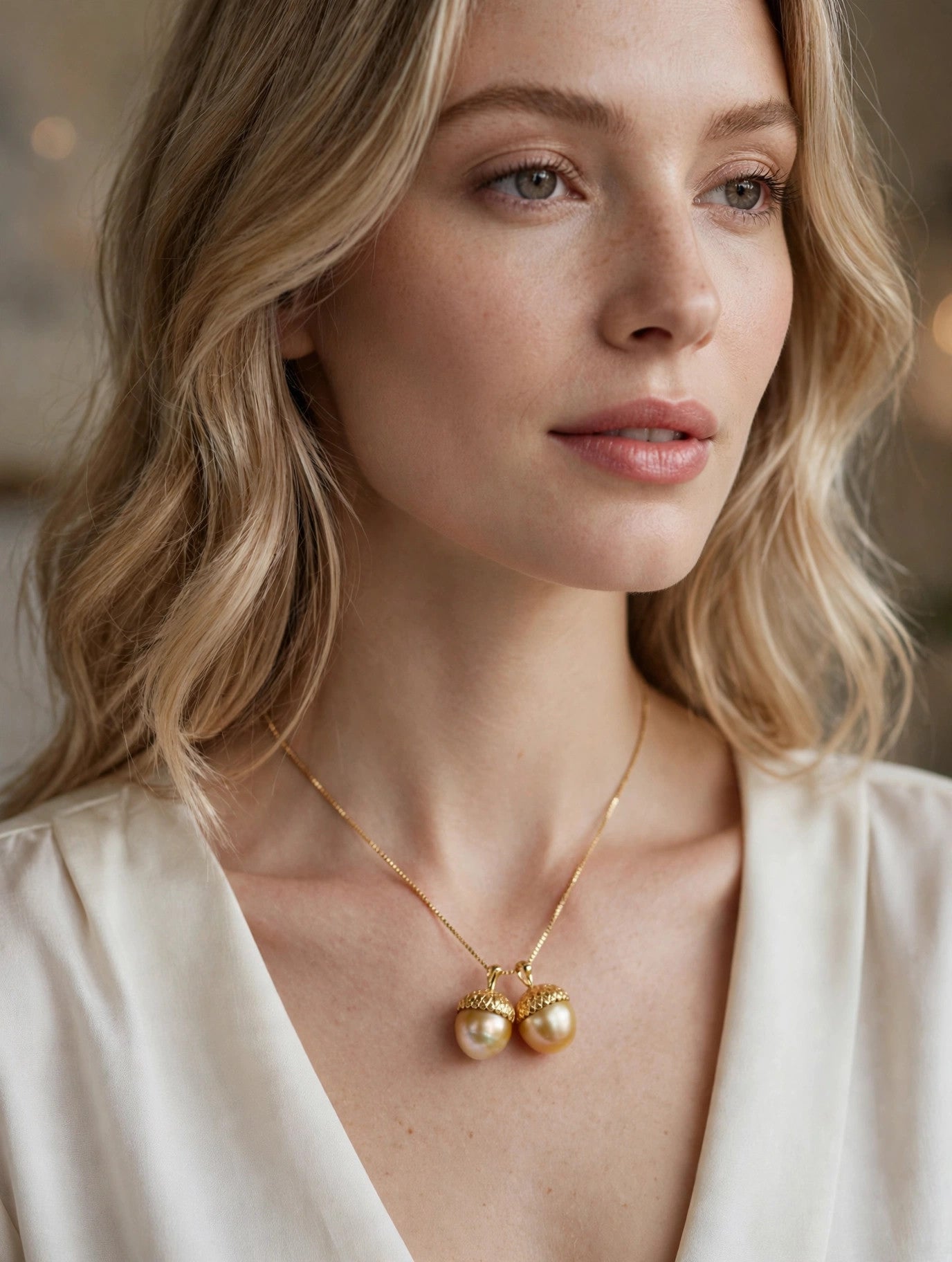 Golden Acorn Pendant — Cultured Golden South Sea Pearl