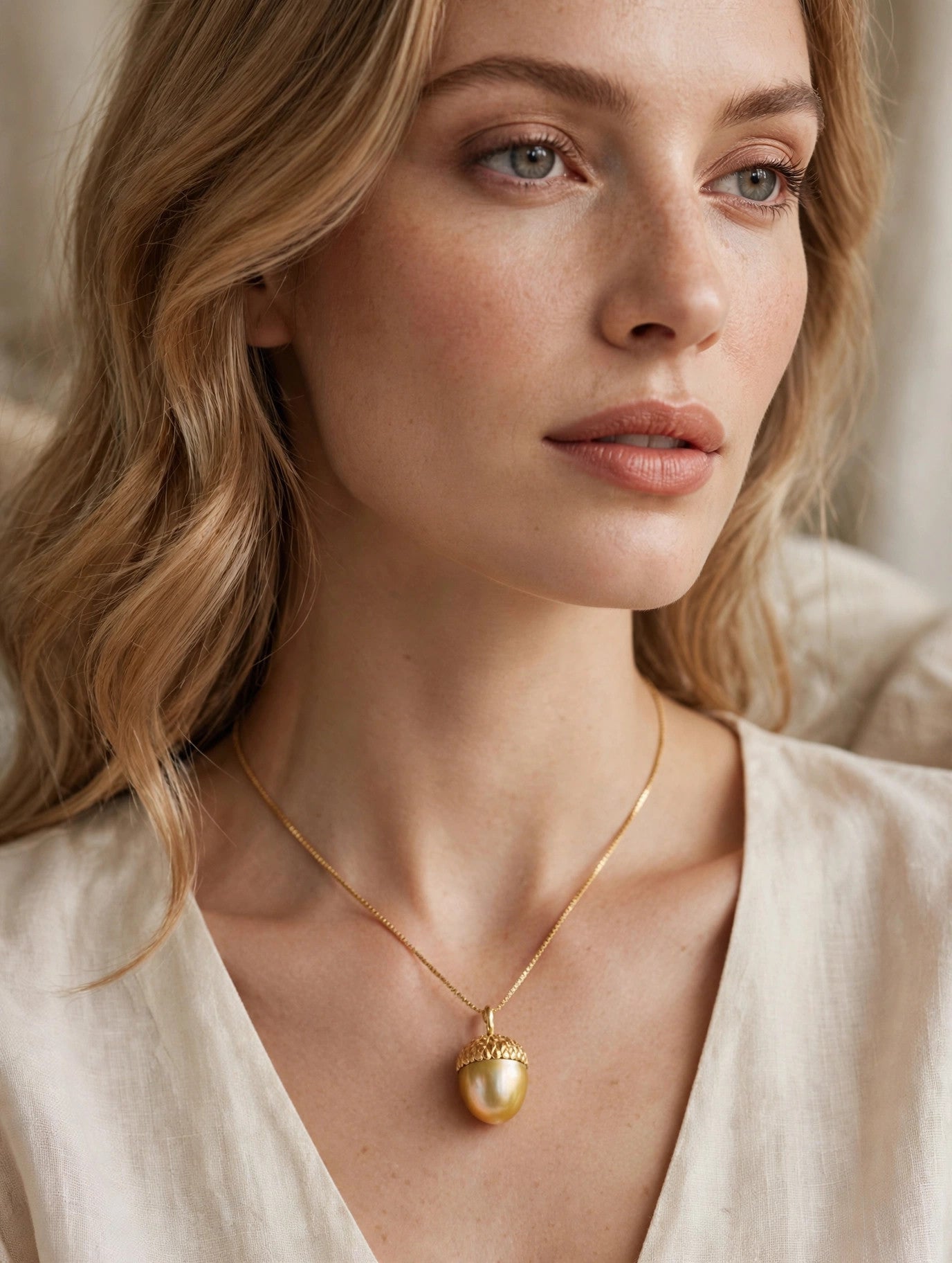Golden Acorn Pendant — Cultured Golden South Sea Pearl