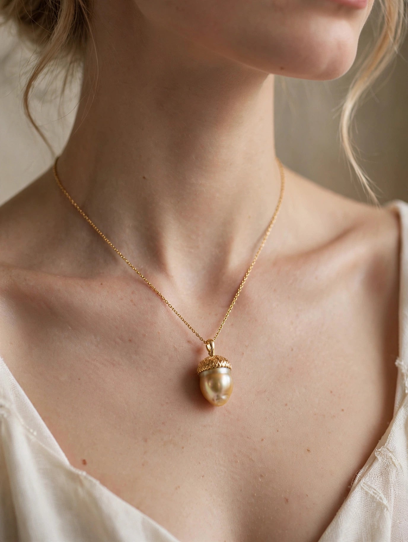 Golden Acorn Pendant — Cultured Golden South Sea Pearl