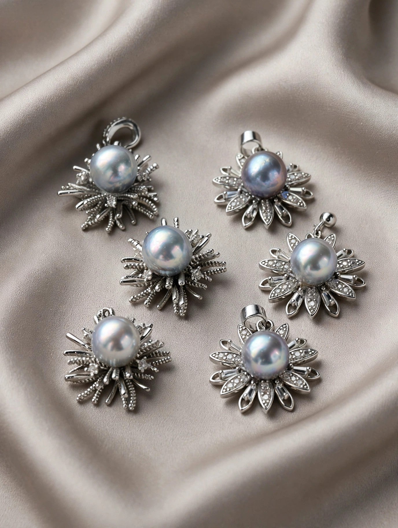 Silver-Blue Akoya Pearl Daisy Set — Pendant Necklace & Drop Earrings