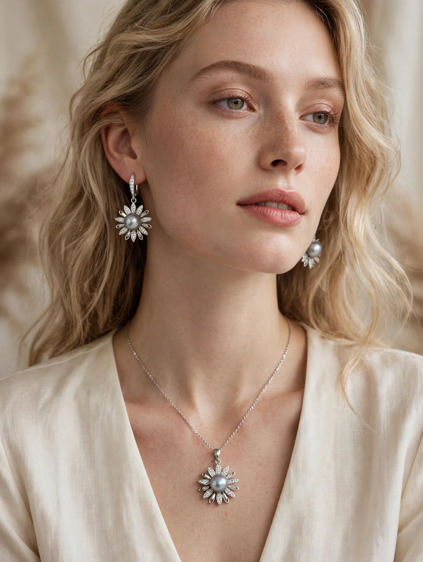 Silver-Blue Akoya Pearl Daisy Set — Pendant Necklace & Drop Earrings