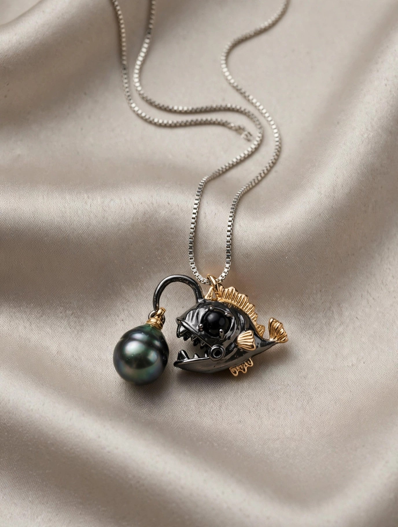 Anglerfish Pearl Necklace — Tahitian Pearl Pendant, Deep Sea Design