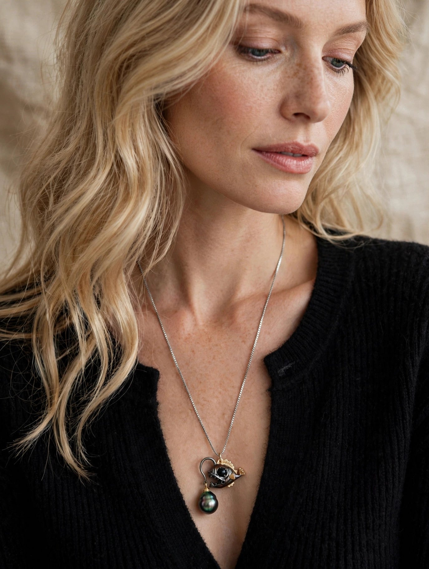Anglerfish Pearl Necklace — Tahitian Pearl Pendant, Deep Sea Design
