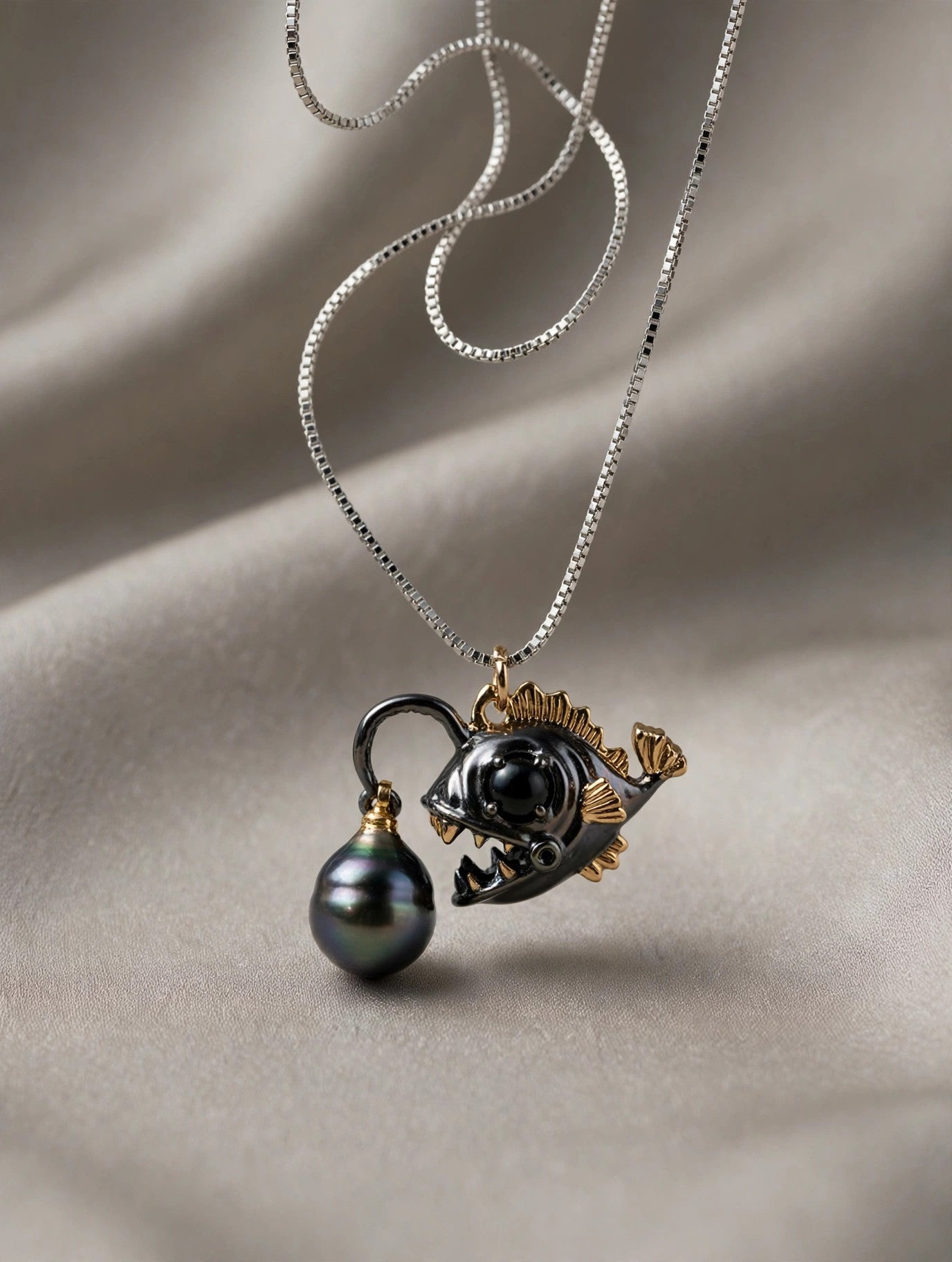 Anglerfish Pearl Necklace — Tahitian Pearl Pendant, Deep Sea Design