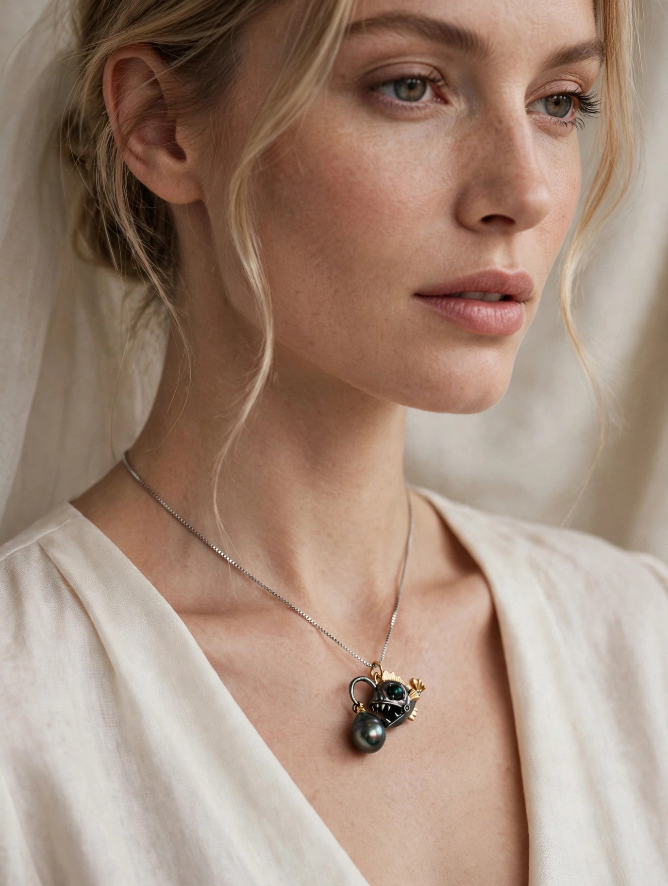 Anglerfish Pearl Necklace — Tahitian Pearl Pendant, Deep Sea Design