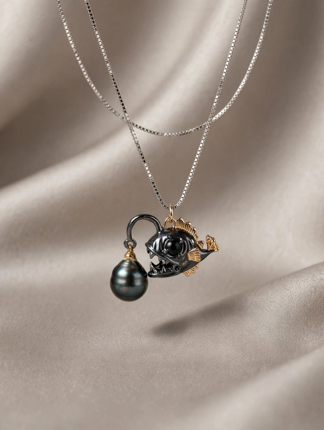 Anglerfish Pearl Necklace — Tahitian Pearl Pendant, Deep Sea Design