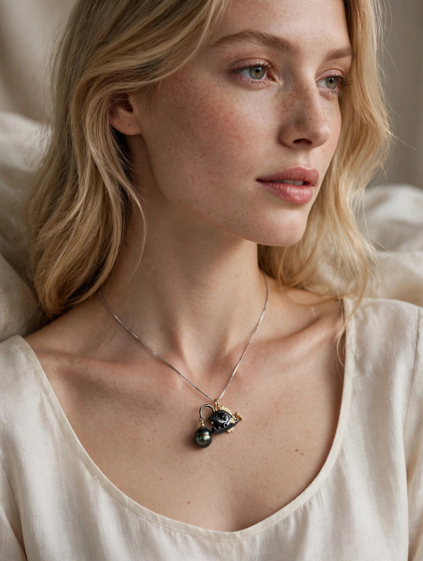 Anglerfish Pearl Necklace — Tahitian Pearl Pendant, Deep Sea Design