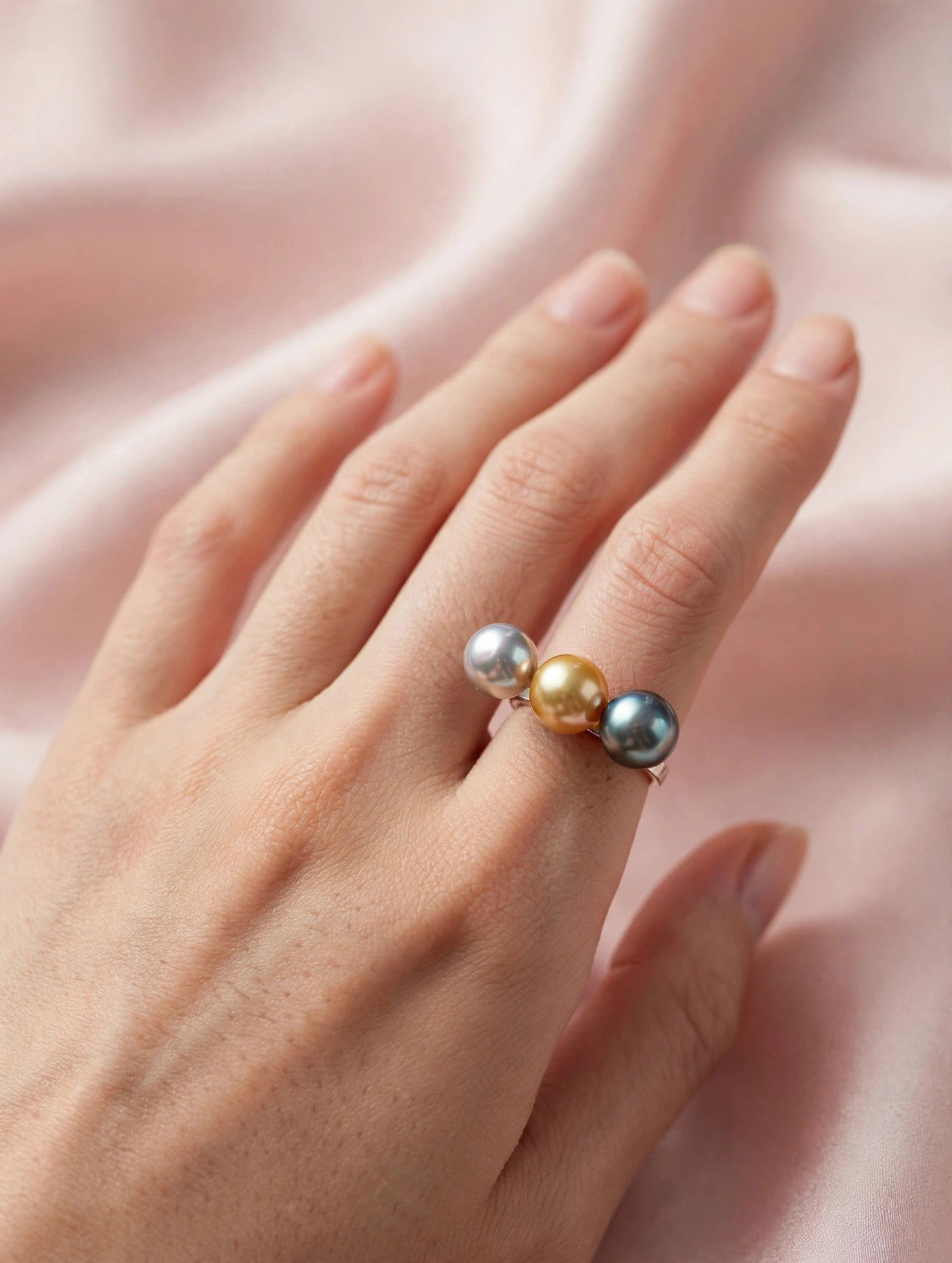 Triple Pearl Ring — Multicolor Saltwater Pearls, Sterling Silver Band