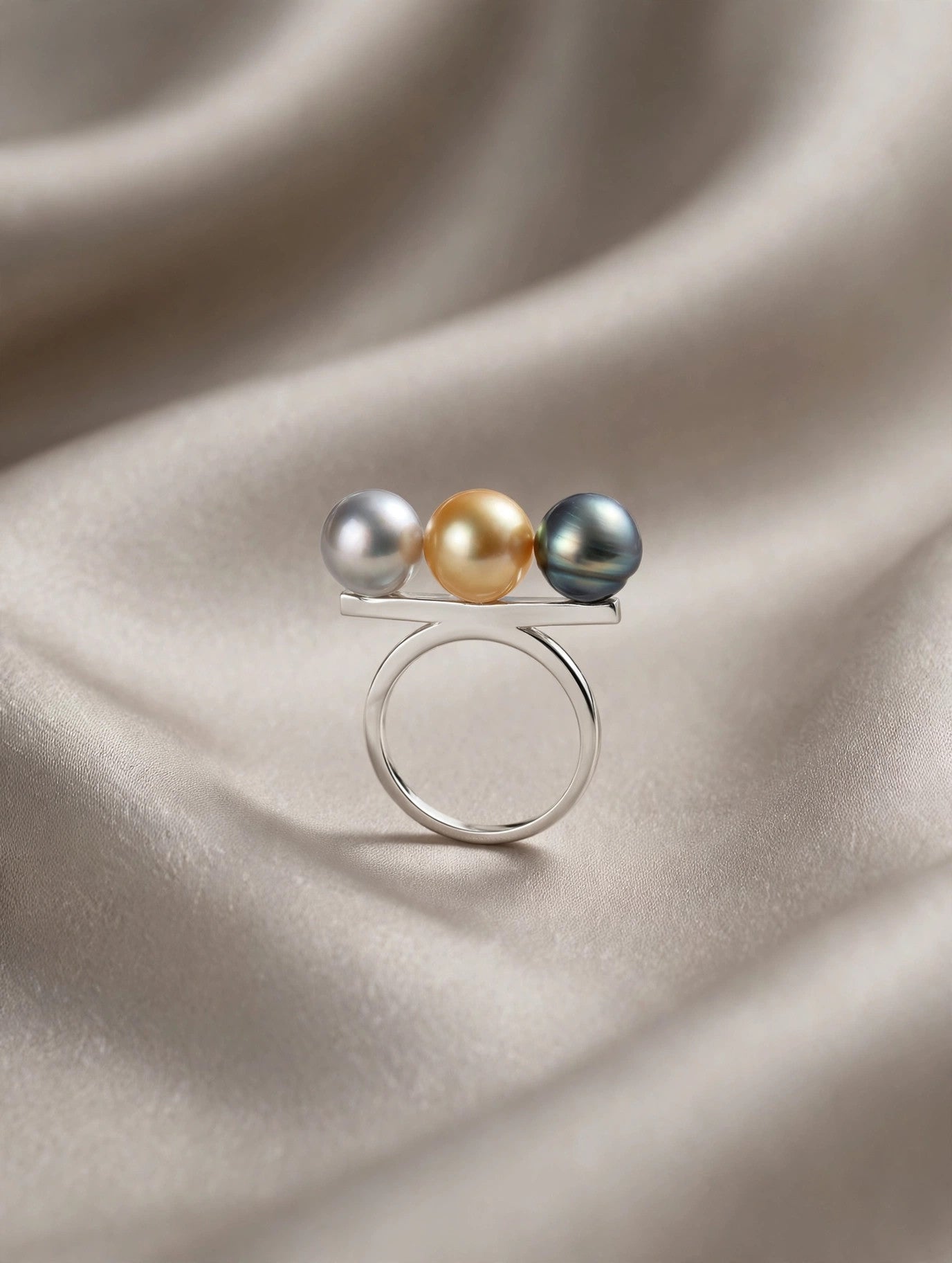 Triple Pearl Ring — Multicolor Saltwater Pearls, Sterling Silver Band