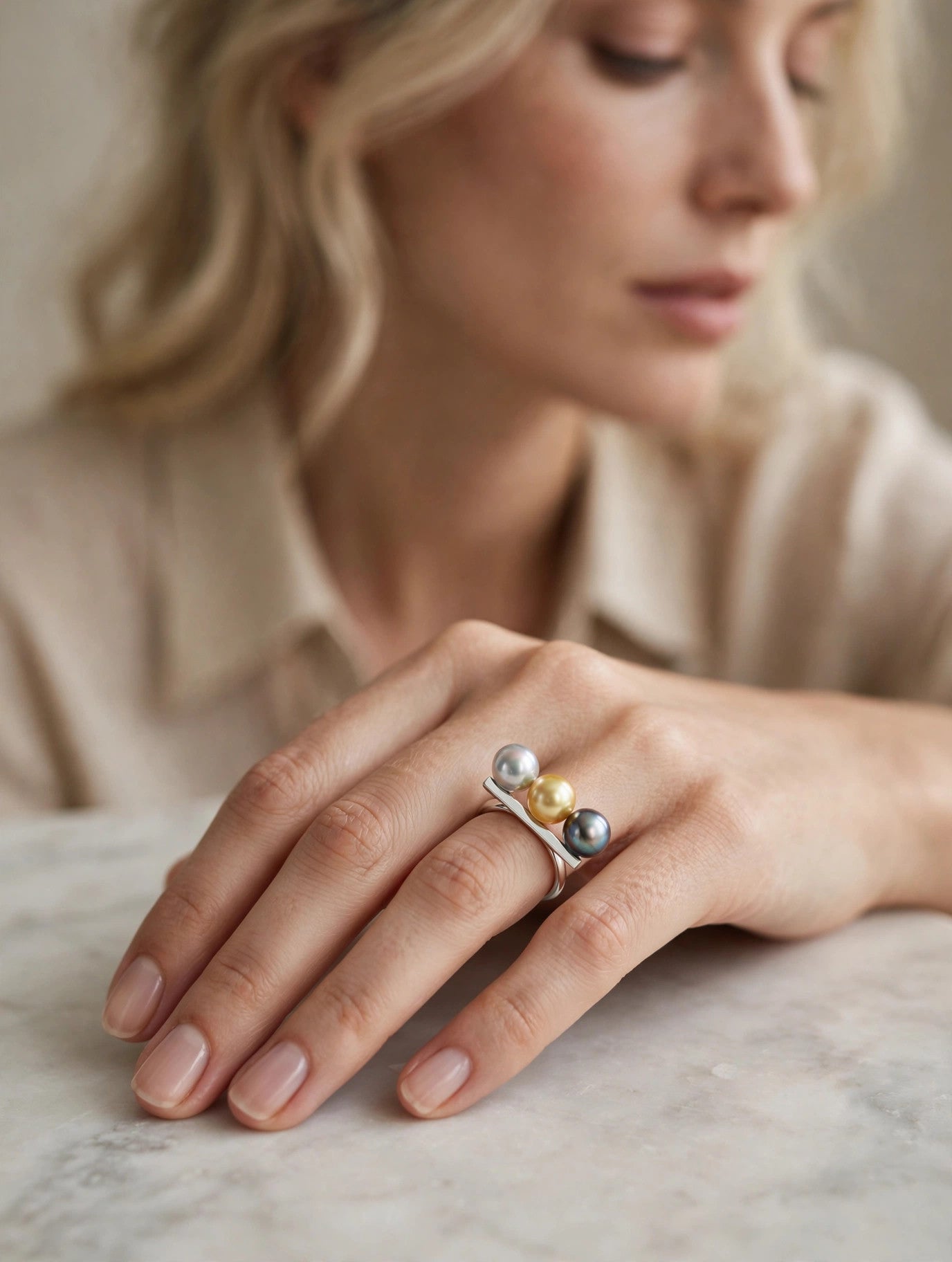 Triple Pearl Ring — Multicolor Saltwater Pearls, Sterling Silver Band