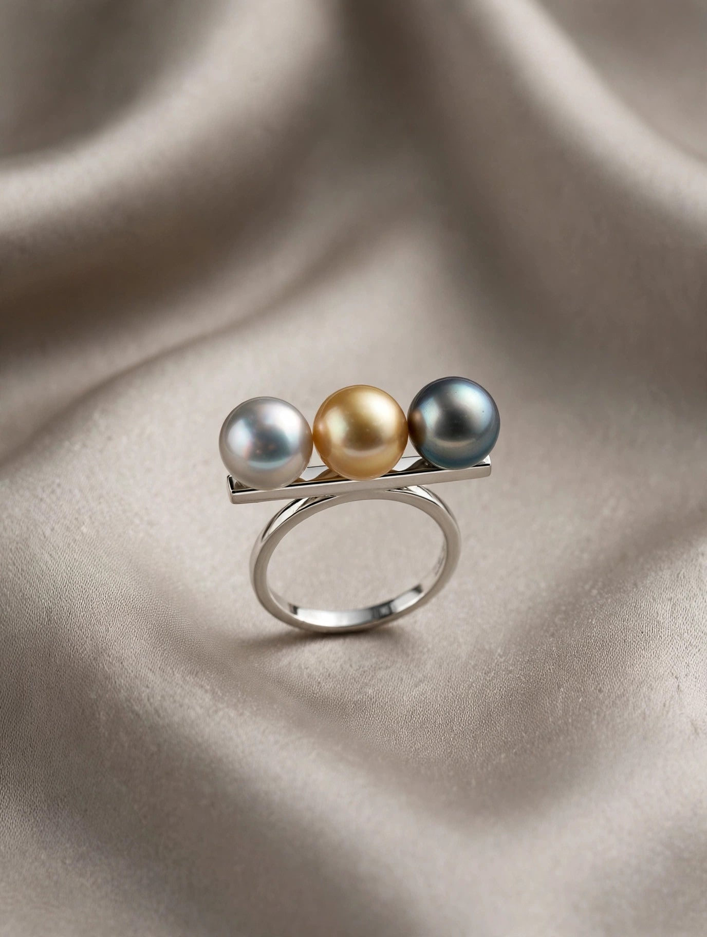Triple Pearl Ring — Multicolor Saltwater Pearls, Sterling Silver Band