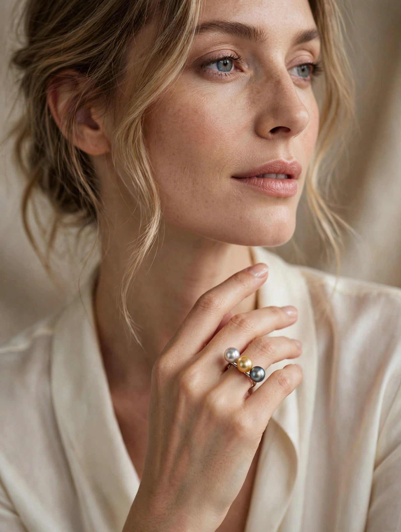 Triple Pearl Ring — Multicolor Saltwater Pearls, Sterling Silver Band