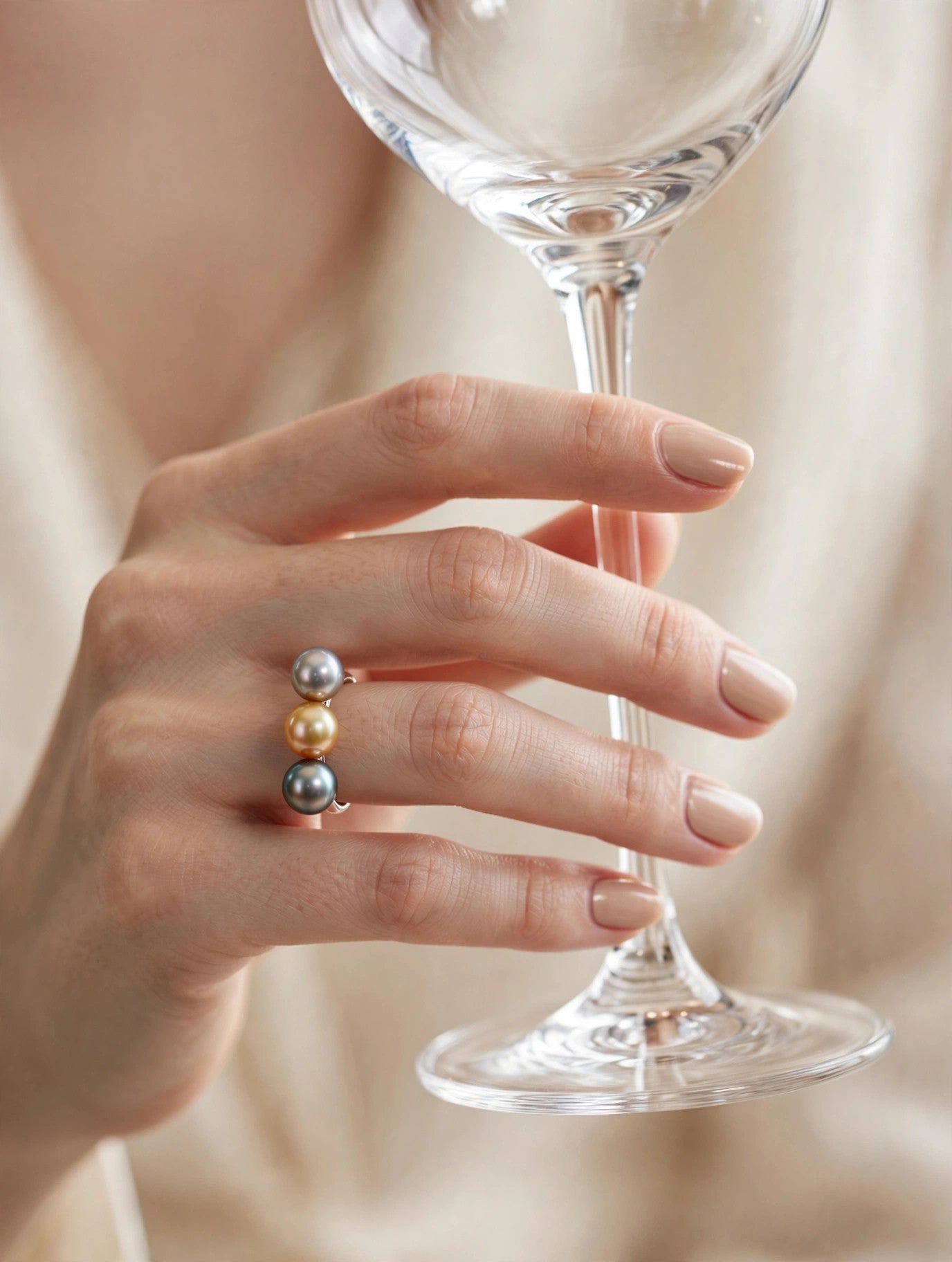 Triple Pearl Ring — Multicolor Saltwater Pearls, Sterling Silver Band