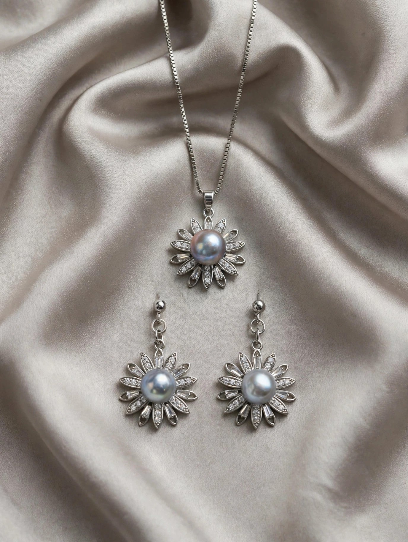 Silver-Blue Akoya Pearl Daisy Set — Pendant Necklace & Drop Earrings