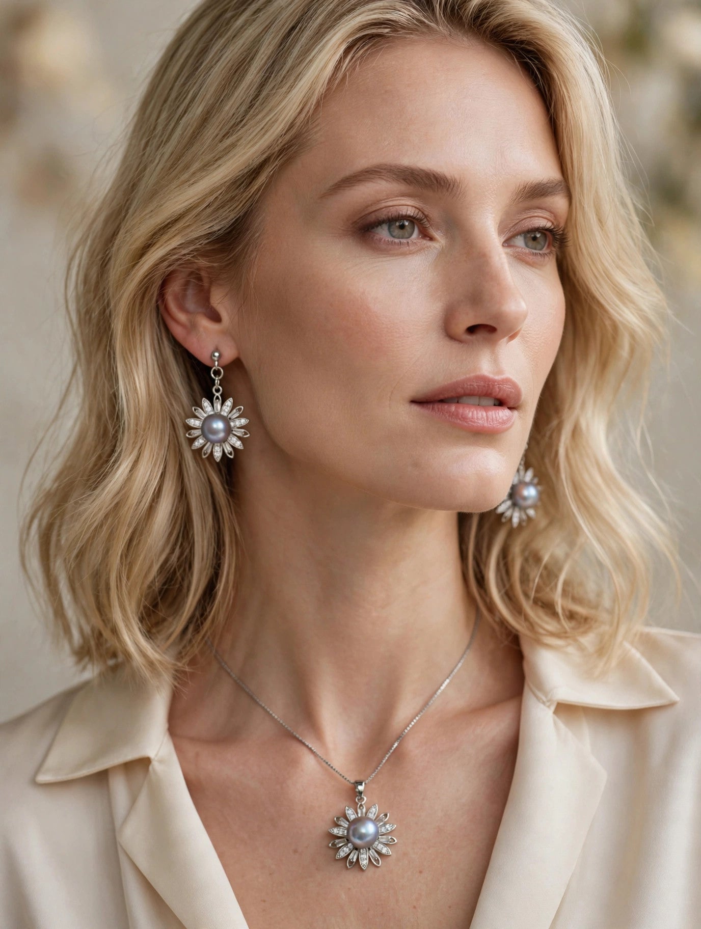 Silver-Blue Akoya Pearl Daisy Set — Pendant Necklace & Drop Earrings