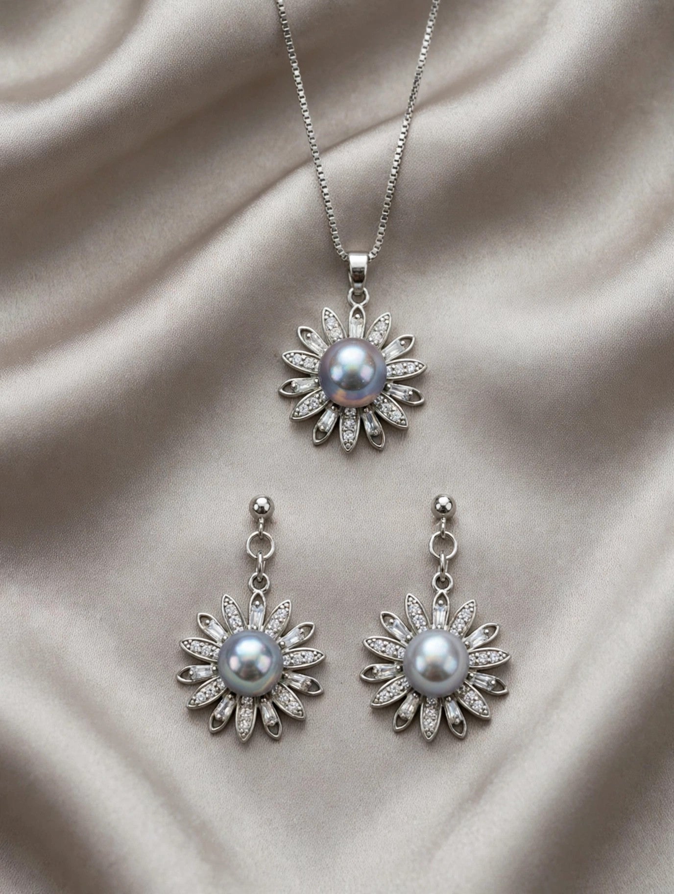 Silver-Blue Akoya Pearl Daisy Set — Pendant Necklace & Drop Earrings