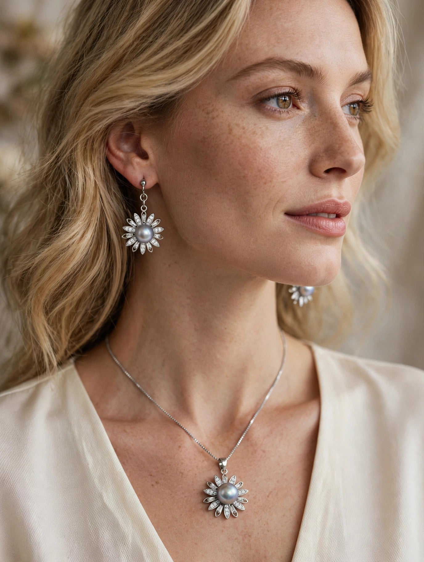 Silver-Blue Akoya Pearl Daisy Set — Pendant Necklace & Drop Earrings