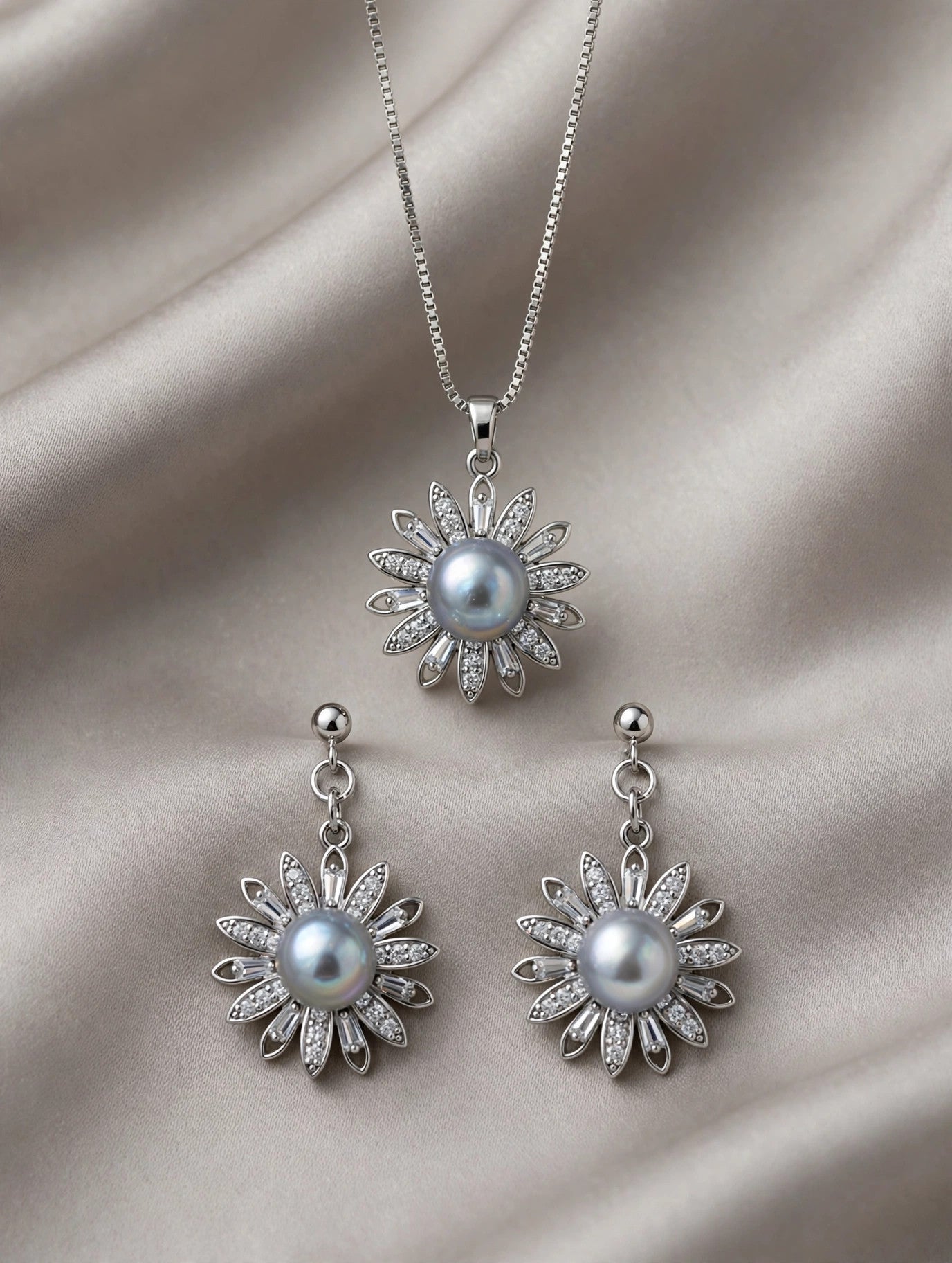 Silver-Blue Akoya Pearl Daisy Set — Pendant Necklace & Drop Earrings