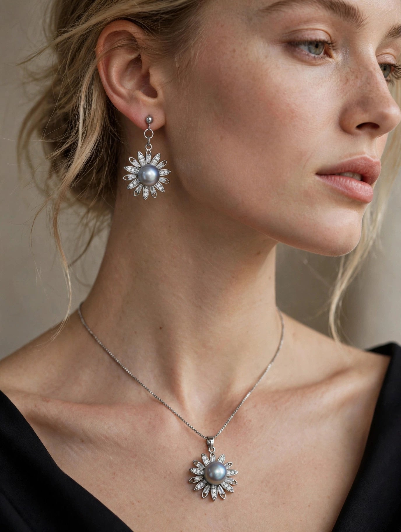 Silver-Blue Akoya Pearl Daisy Set — Pendant Necklace & Drop Earrings