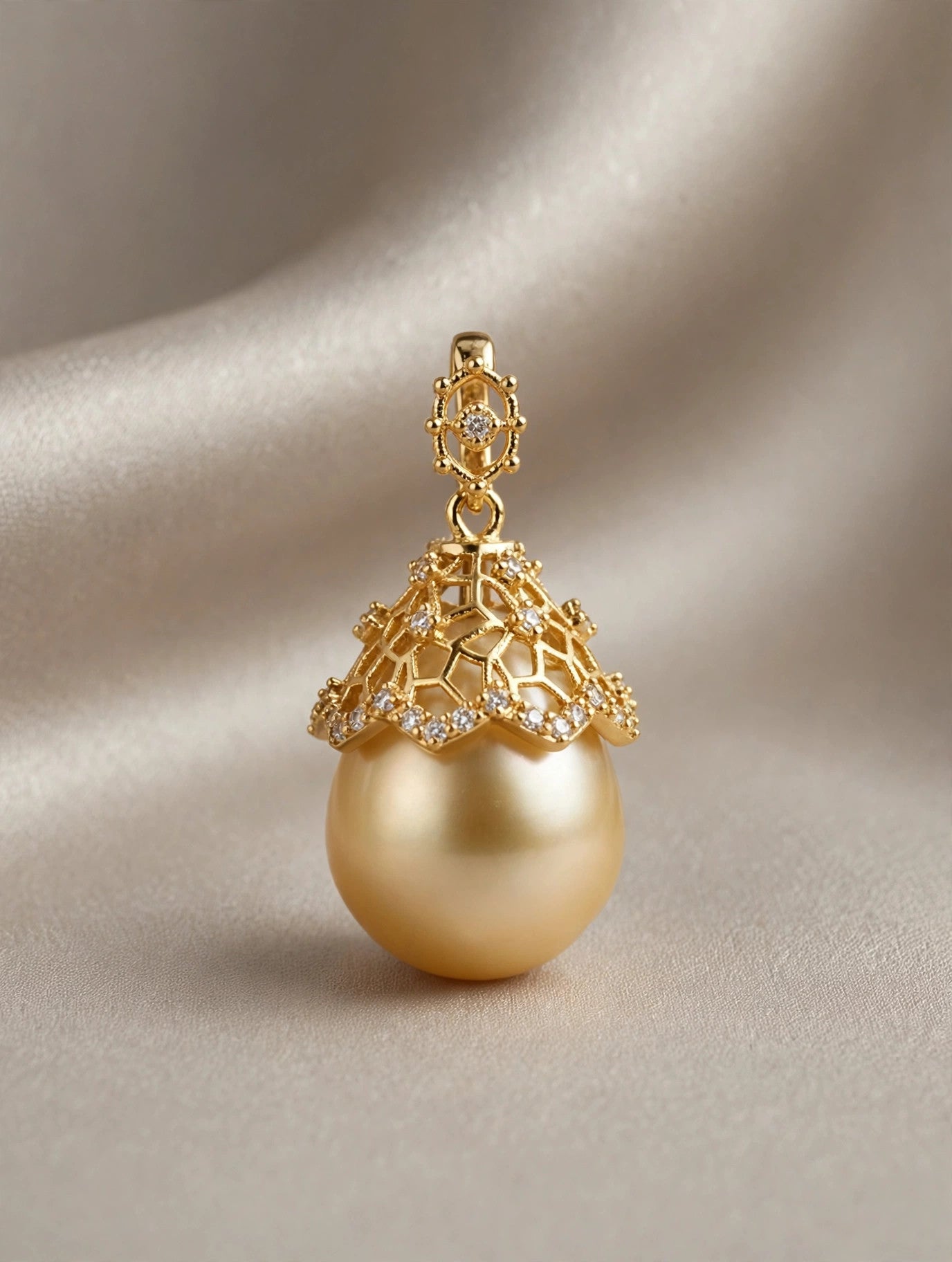 Golden South Sea Pearl Pendant necklace — Filigree Cap, Cultured Saltwater Drop
