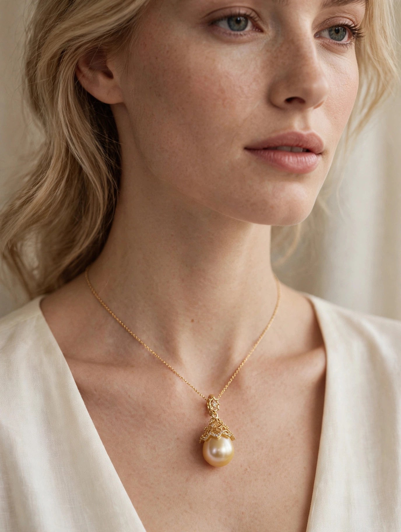 Golden South Sea Pearl Pendant necklace — Filigree Cap, Cultured Saltwater Drop