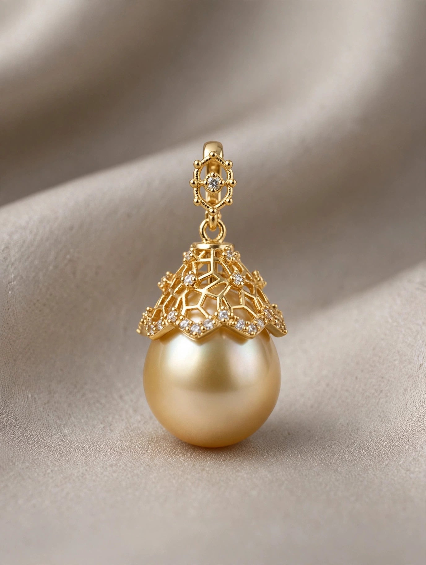 Golden South Sea Pearl Pendant necklace — Filigree Cap, Cultured Saltwater Drop