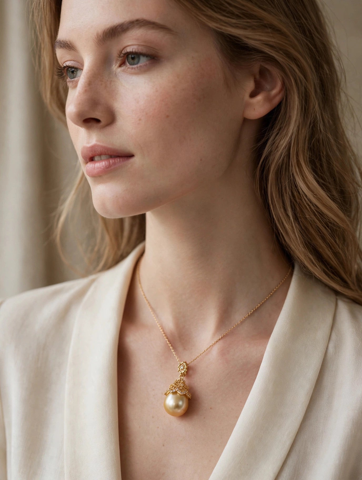 Golden South Sea Pearl Pendant necklace — Filigree Cap, Cultured Saltwater Drop