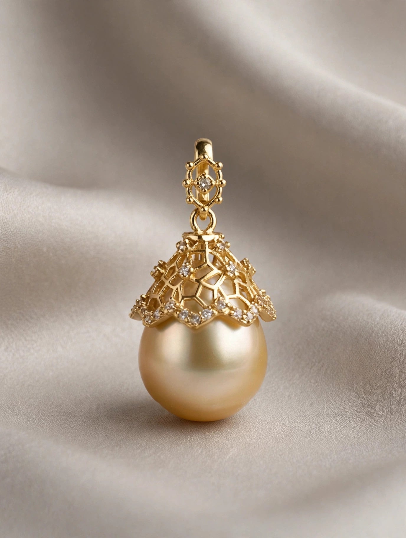 Golden South Sea Pearl Pendant necklace — Filigree Cap, Cultured Saltwater Drop