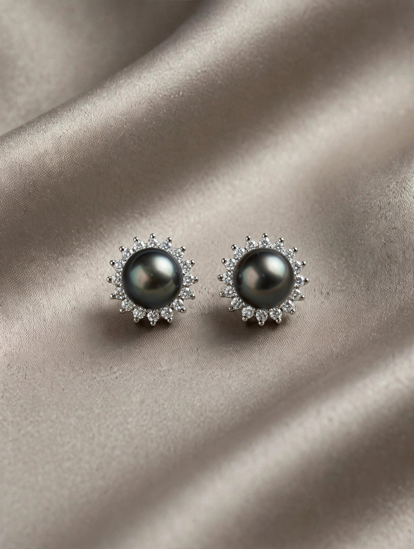 Tahitian Pearl Halo Stud Earrings — Pavé Halo, 8-10mm, sterling silver ear posts