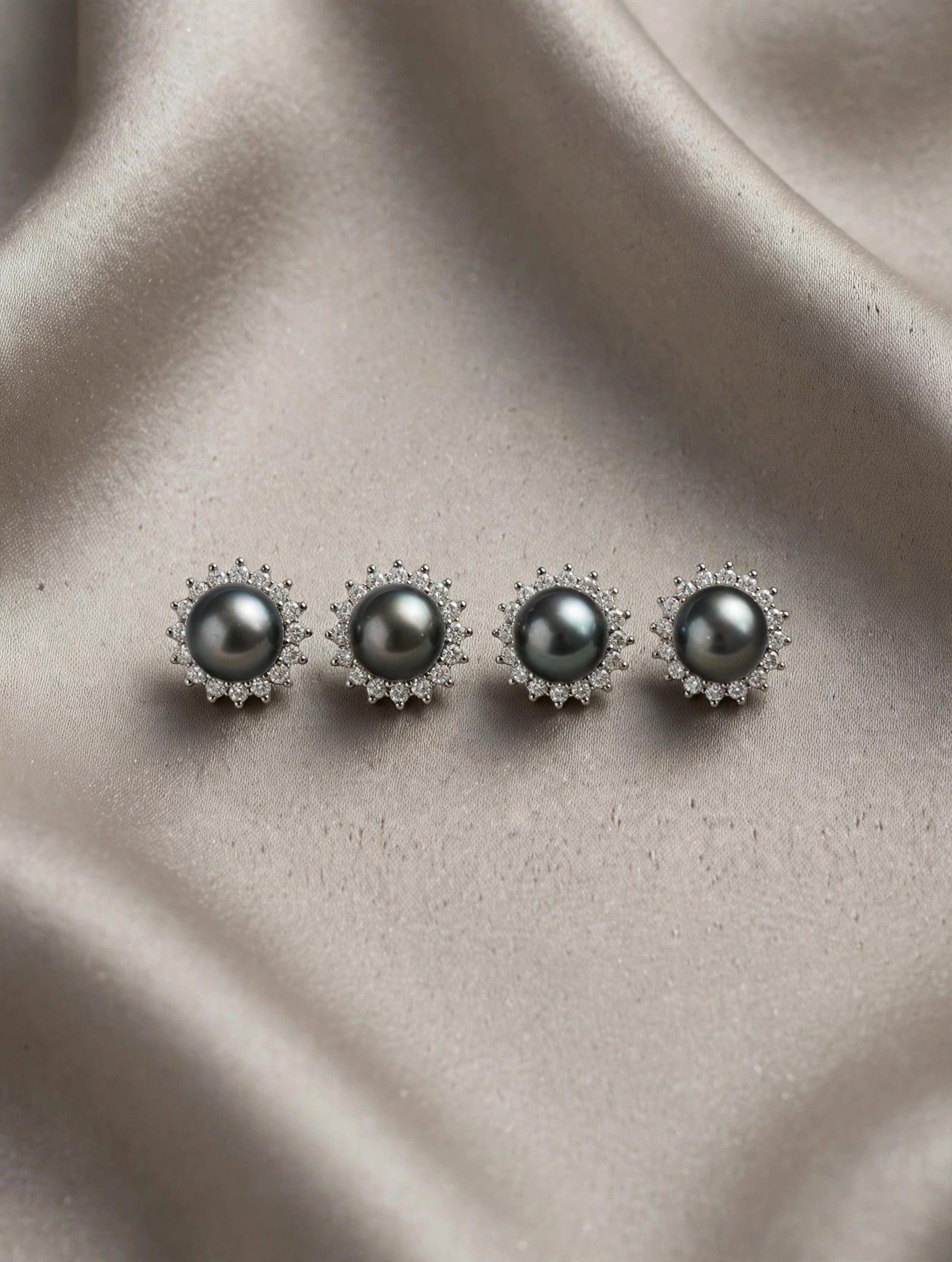 Tahitian Pearl Halo Stud Earrings — Pavé Halo, 8-10mm, sterling silver ear posts