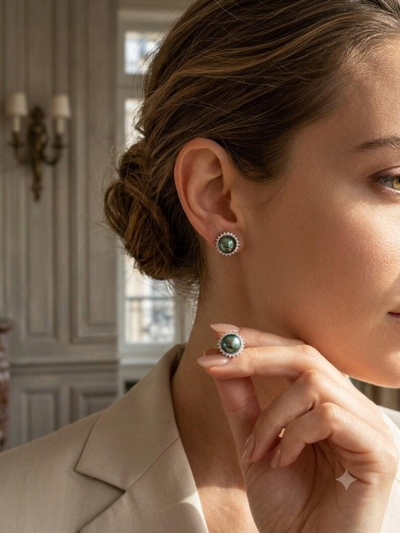 Tahitian Pearl Halo Stud Earrings — Pavé Halo, 3 Sizes, Sterling Silver Posts - photo 7