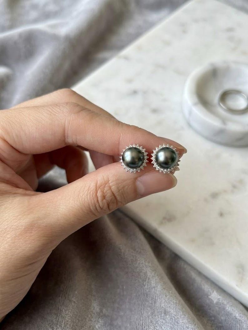 Tahitian Pearl Halo Stud Earrings — Pavé Halo, 3 Sizes, Sterling Silver Posts - photo 3