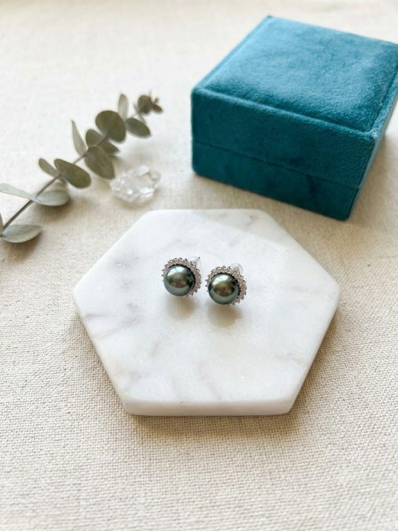 Tahitian Pearl Halo Stud Earrings — Pavé Halo, 3 Sizes, Sterling Silver Posts - photo 2