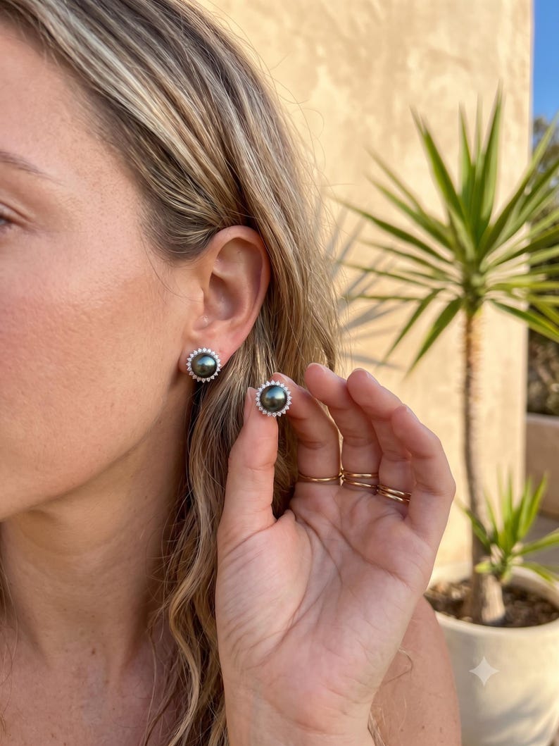 Tahitian Pearl Halo Stud Earrings — Pavé Halo, 3 Sizes, Sterling Silver Posts - photo 6