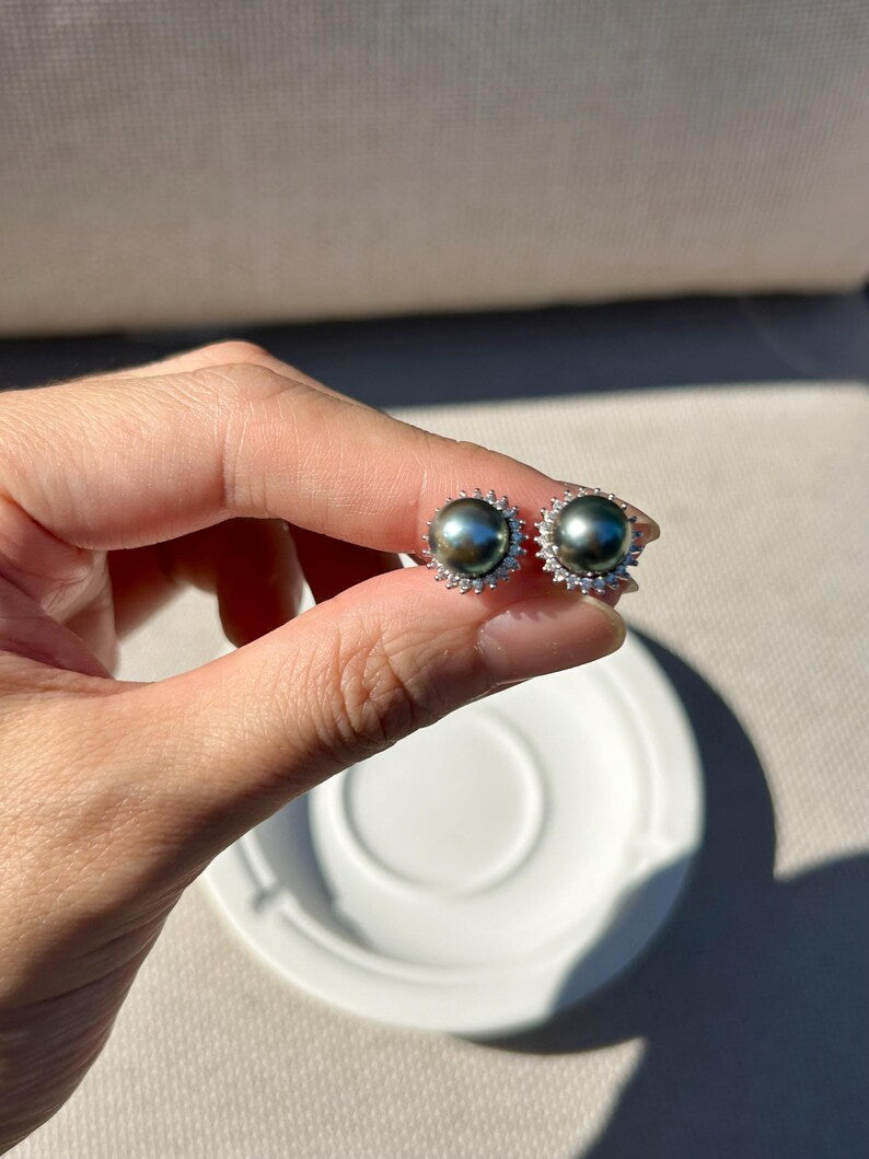 Tahitian Pearl Halo Stud Earrings — Pavé Halo, 3 Sizes, Sterling Silver Posts - photo 10