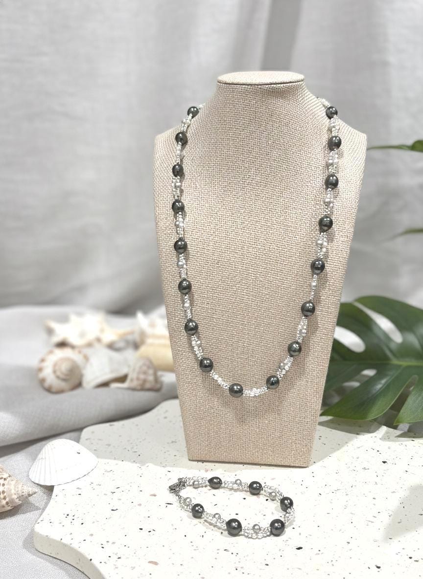Tahitian Pearl Sweater Necklace & Bracelet Set — Extra Long, Sterling Silver