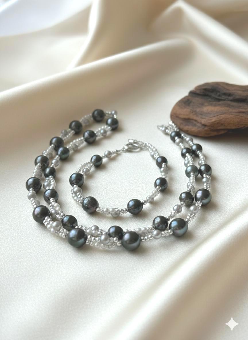 Tahitian Pearl Sweater Necklace & Bracelet Set — Extra Long, Sterling Silver