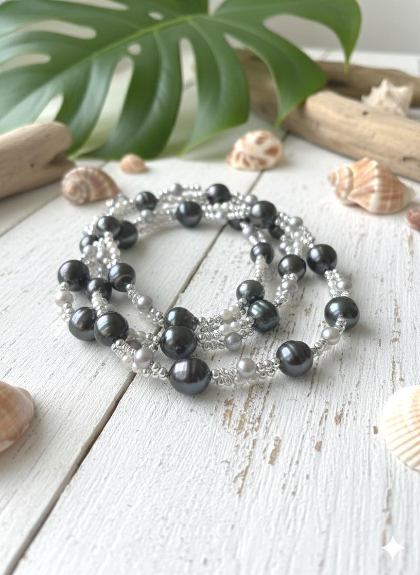 Tahitian Pearl Sweater Necklace & Bracelet Set — Extra Long, Sterling Silver