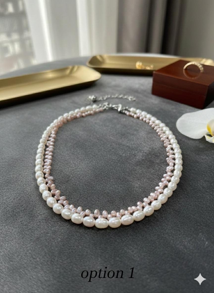 Multi-Strand Pearl Necklace – Full-Nacre White & Pink Keshi, 6–7mm