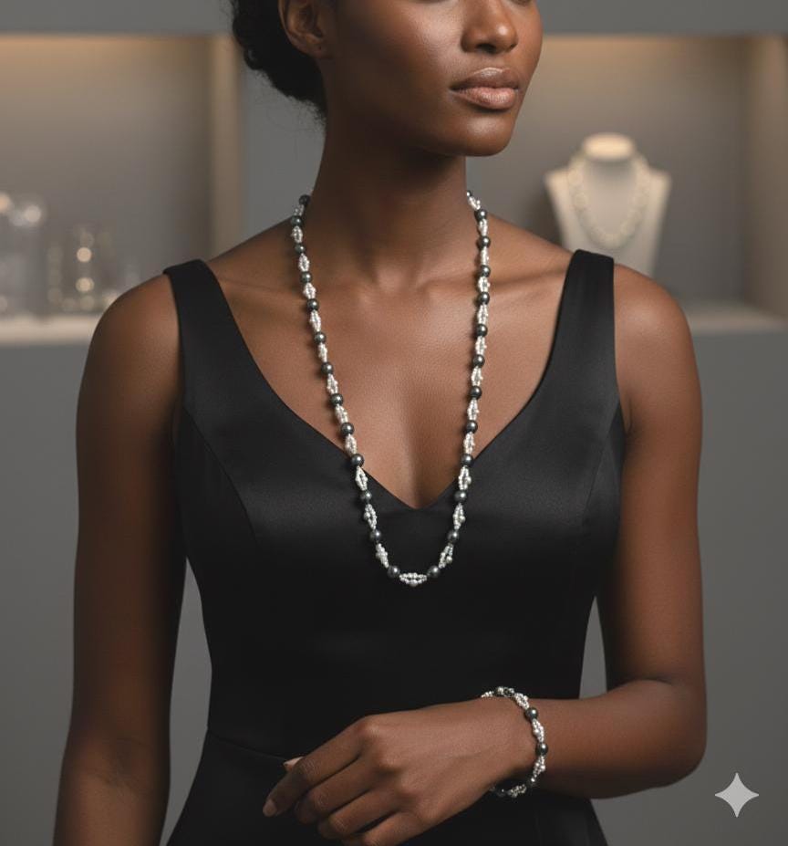 Tahitian Pearl Sweater Necklace & Bracelet Set — Extra Long, Sterling Silver