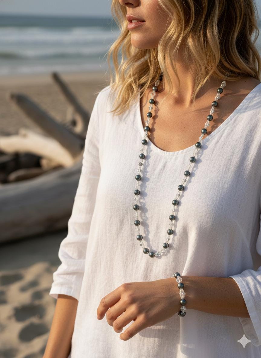 Tahitian Pearl Sweater Necklace & Bracelet Set — Extra Long, Sterling Silver