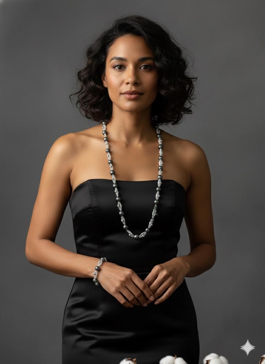 Tahitian Pearl Sweater Necklace & Bracelet Set — Extra Long, Sterling Silver