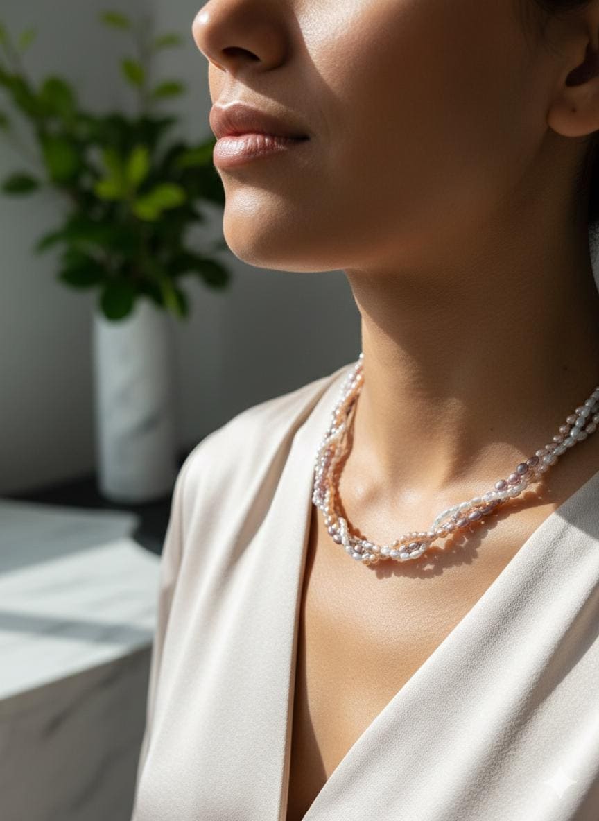 Multicolor Woven Keshi Pearl Necklace – Victorian Inspired, ~4mm