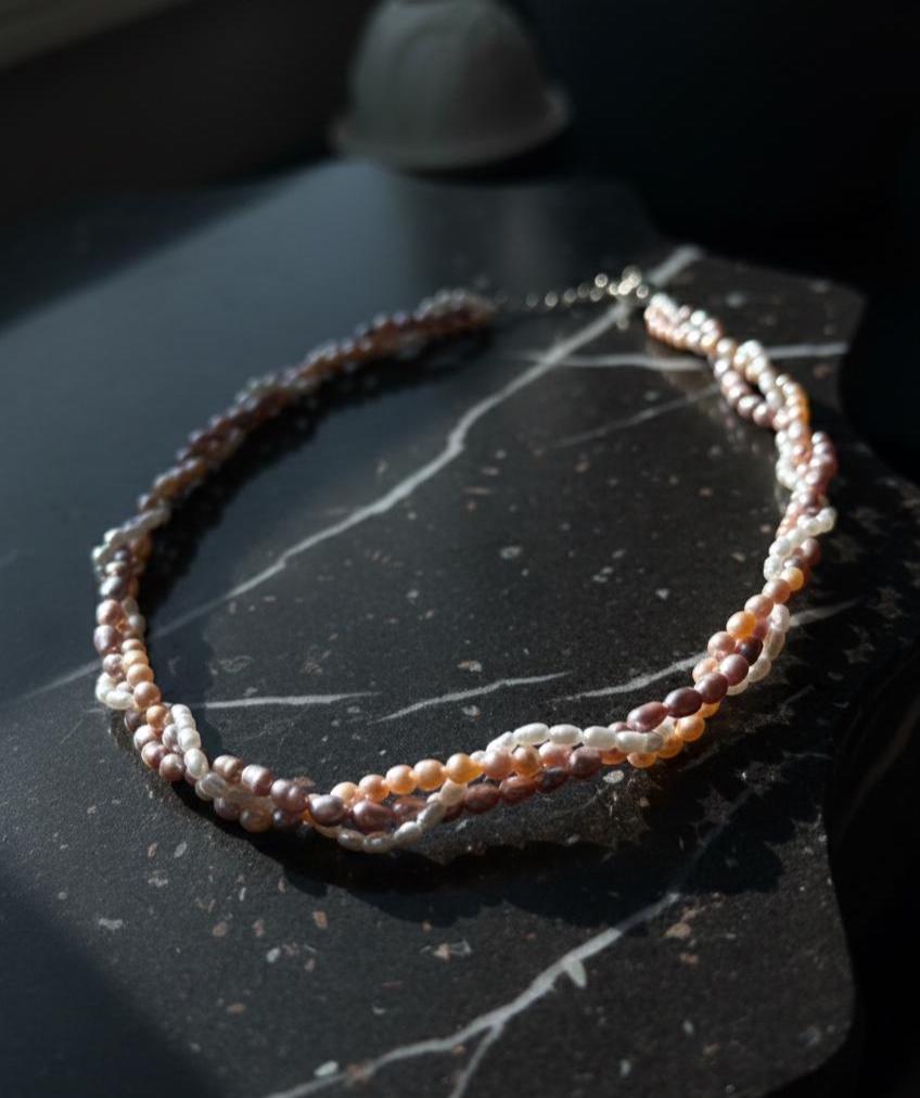 Multicolor Woven Keshi Pearl Necklace – Victorian Inspired, ~4mm