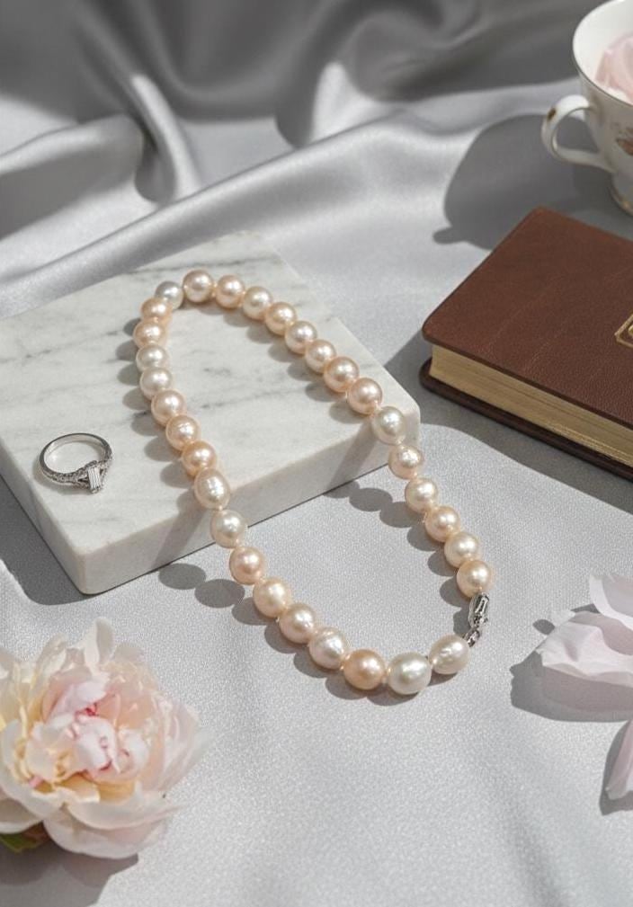 Champagne & Pink Baroque Edison Pearl Necklace – Untreated, 10–12mm