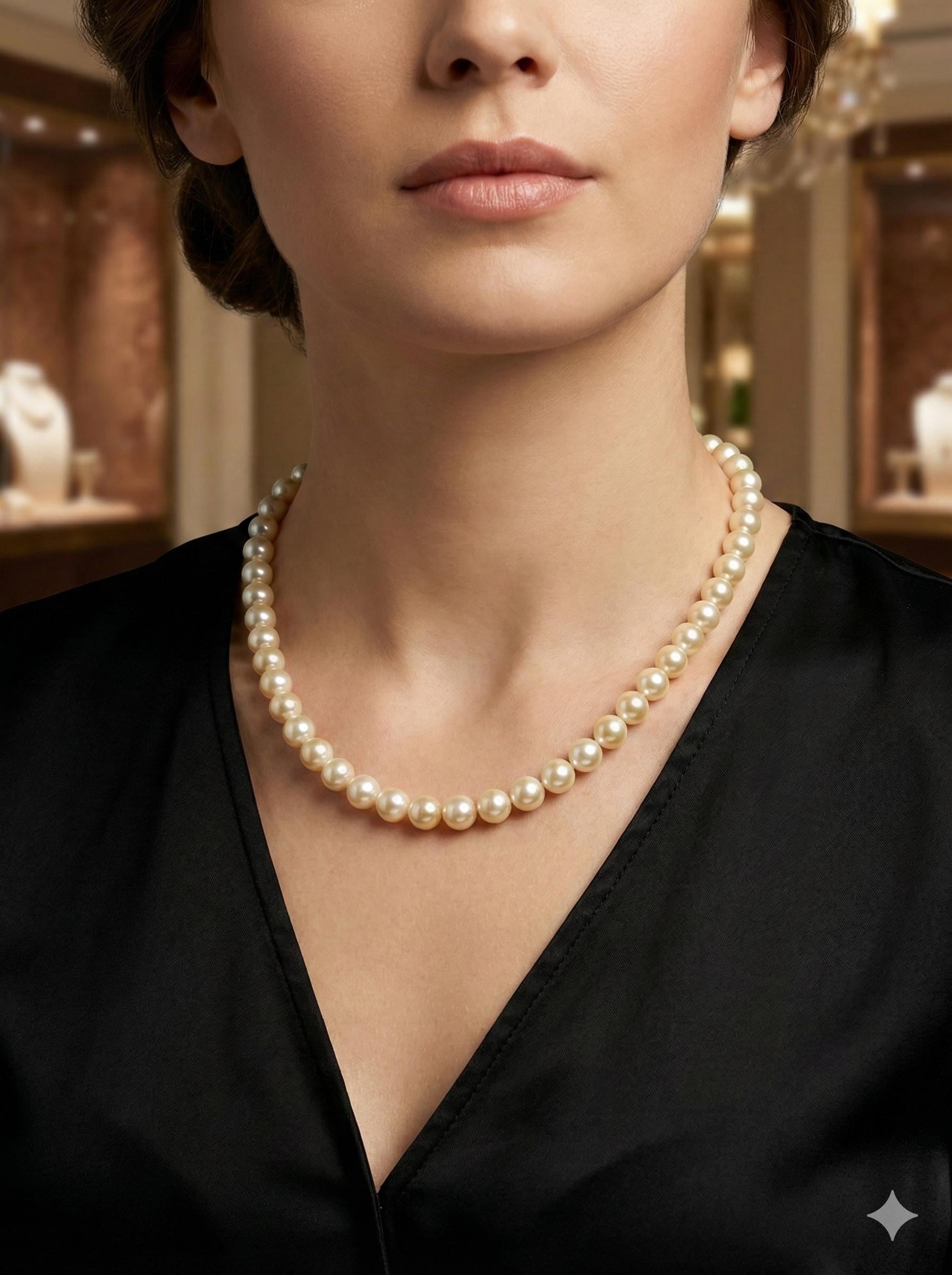 Golden Japanese Akoya Pearl Necklace – 7–8mm