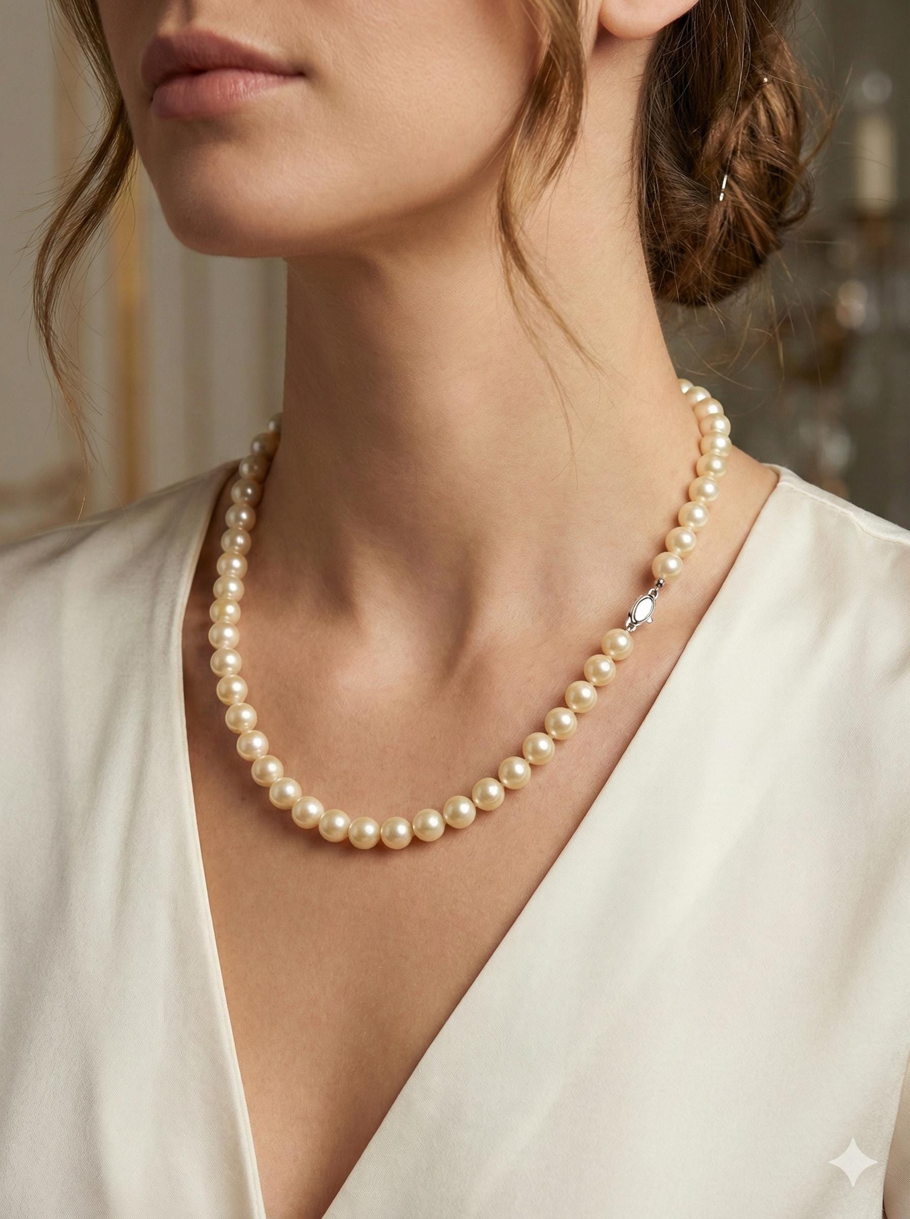 Golden Japanese Akoya Pearl Necklace – 7–8mm