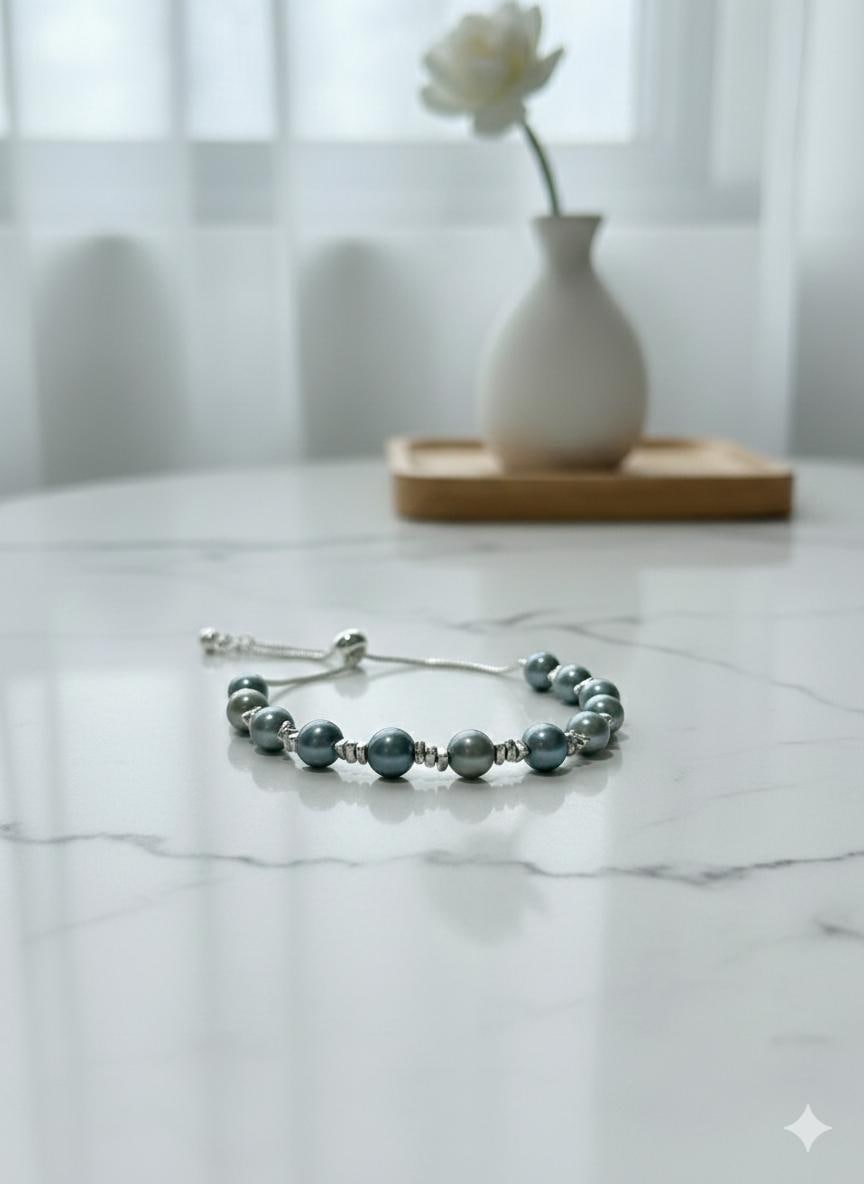 Blue Akoya Pearl Bracelet – Easy One-Hand Adjustable, Iridescent Blue, 6–7mm