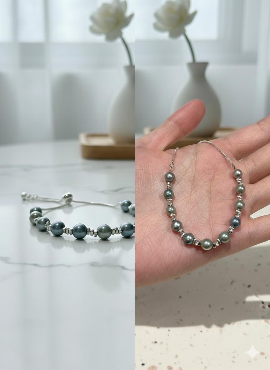 Blue Akoya Pearl Bracelet – Easy One-Hand Adjustable, Iridescent Blue, 6–7mm