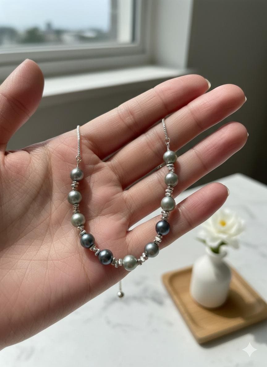 Blue Akoya Pearl Bracelet – Easy One-Hand Adjustable, Iridescent Blue, 6–7mm